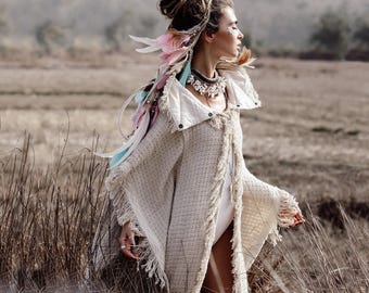 Festival Poncho Coat Women ∆ Boho Clothing Kimono Jacket ∆ Bohemian Cardigan Robe ∆ Desert Man Festival Gown Oversized Wrap Cloak/ Off White