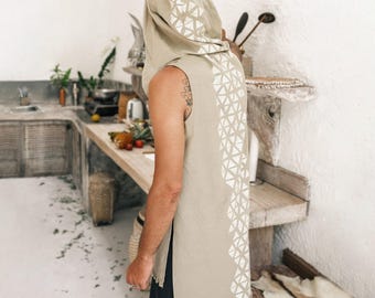 Mens Hooded Raw Cotton Vest: Geometric Print Boho Sleeveless Shirt