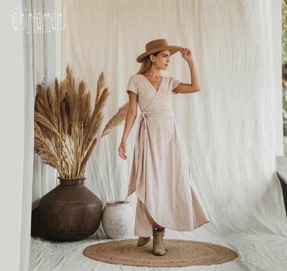Summer Wrap Boho Dress ∆ Women Goddess Dress ∆ Organic Cotton Clothing ∆ Renaissance Cottagecore Dress ∆ Flower Girl Dress Ivory / Beige