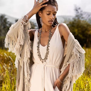 Boho Shawl ∆ Fringe Bohemian Scarf Women ∆ Hippie Boho Clothing Organic Shawl ∆ Eco Earthy Gypsy Triangle Cotton Scarf Wrap Cover Up / Sage image 9