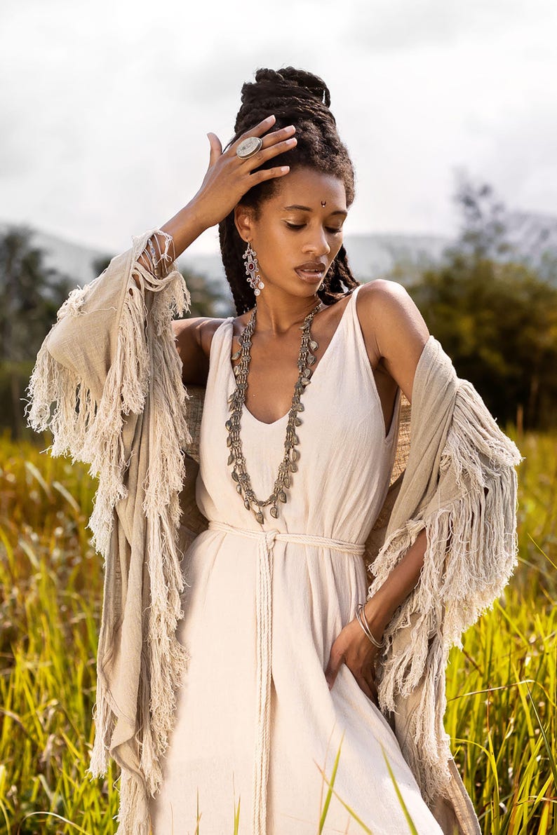 Boho Shawl ∆ Fringe Bohemian Scarf Women ∆ Hippie Boho Clothing Organic Shawl ∆ Eco Earthy Gypsy Triangle Cotton Scarf Wrap Cover Up / Sage image 9