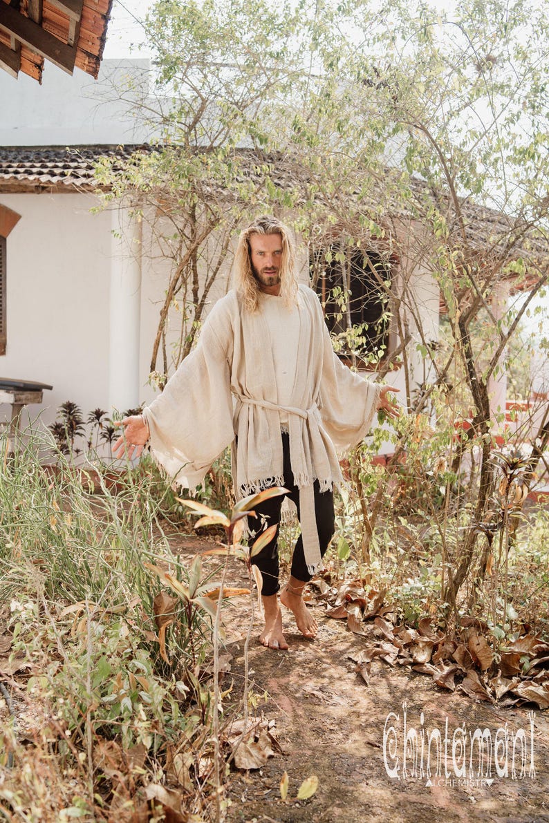 Beige katoenen kimono ∆ Boho kleding voor heren ∆ Hippie kimono vest ∆ Asymmetrische tuniek ∆ Jedi-gewaad ∆ Boho festival cyberpunk outfit afbeelding 8
