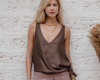 Brown Ahimsa Silk Asymmetric Top ∆ V Neck Loose Fit Satin Blouse ∆ Slow Fashion Outfit Natural Luxury Summer Tank Top / Chocolate