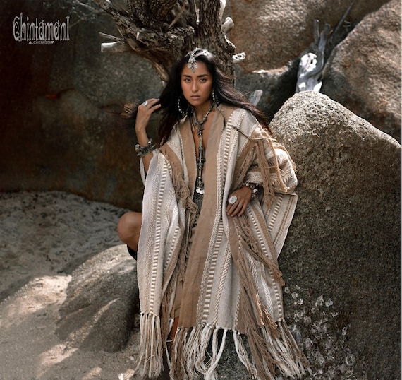 Tassel Fringe Poncho ∆ Ceremony Robe Festival Outfit ∆ Women Clothes Boho Kimono ∆ Huge Bohemian Cardigan Wrap by Chintamani / Coffee