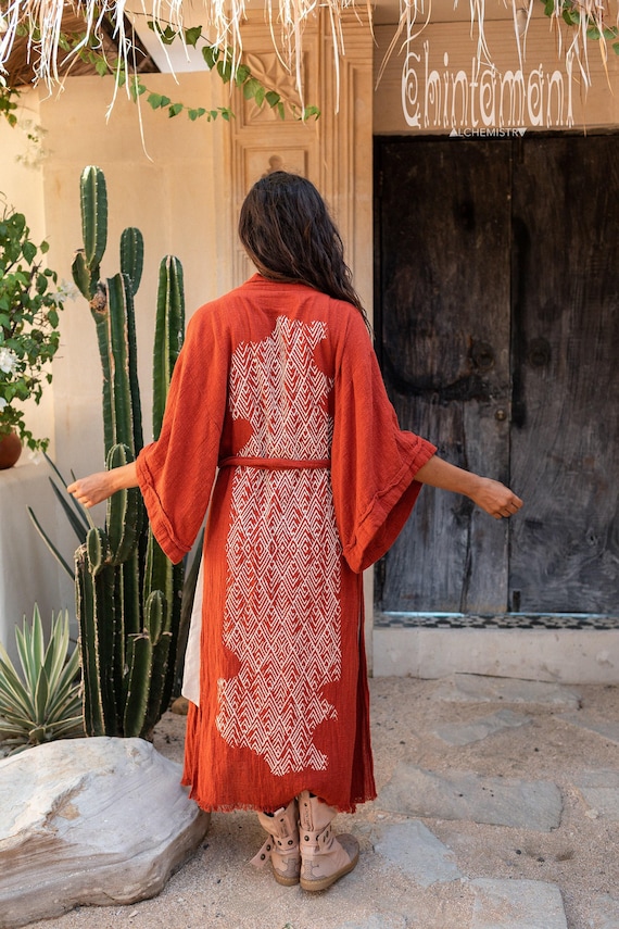 Raw Cotton Kimono Robe ∆ Boho Cardigan Wrap Jacket ∆ Maxi Bohemian Gown ∆ Tribal Clothes Gypsy Top ∆ Miami Long Beach Cover Up / Red Ochre
