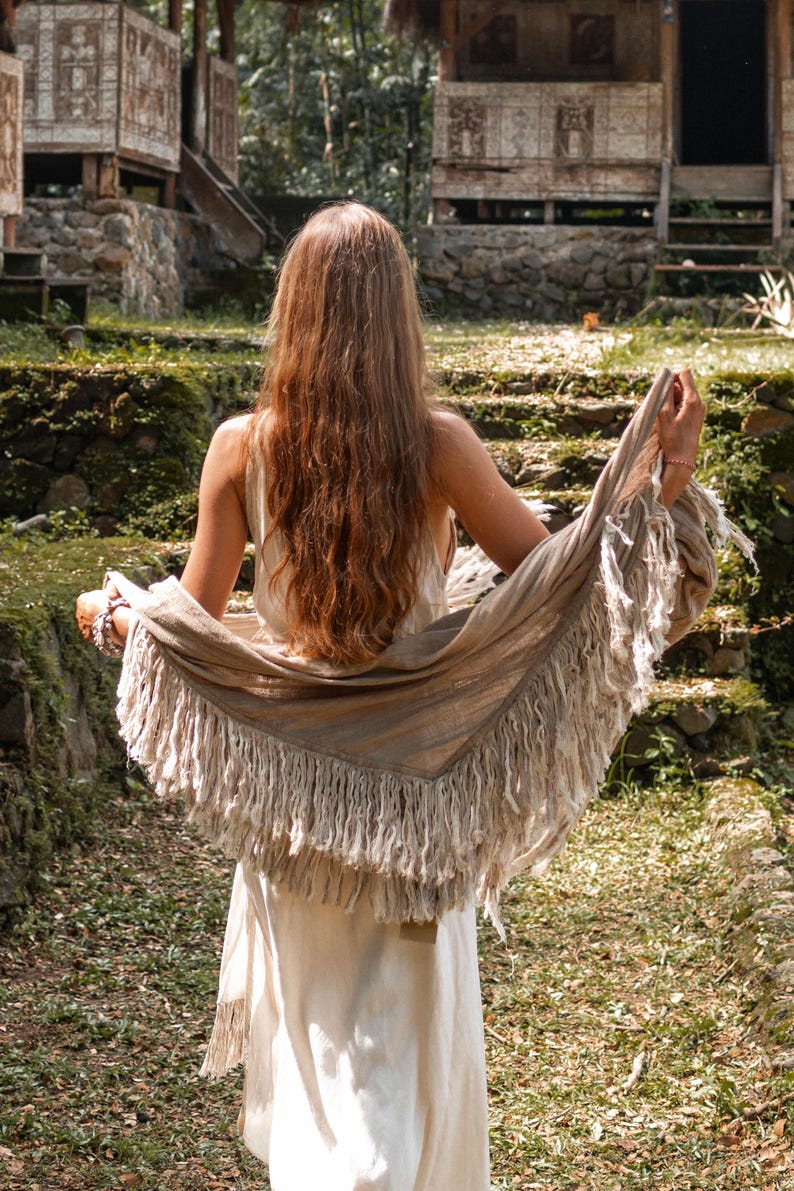 Boho Shawl ∆ Fringe Bohemian Scarf Women ∆ Hippie Boho Clothing Organic Shawl ∆ Eco Earthy Gypsy Triangle Cotton Scarf Wrap Cover Up / Sage image 15