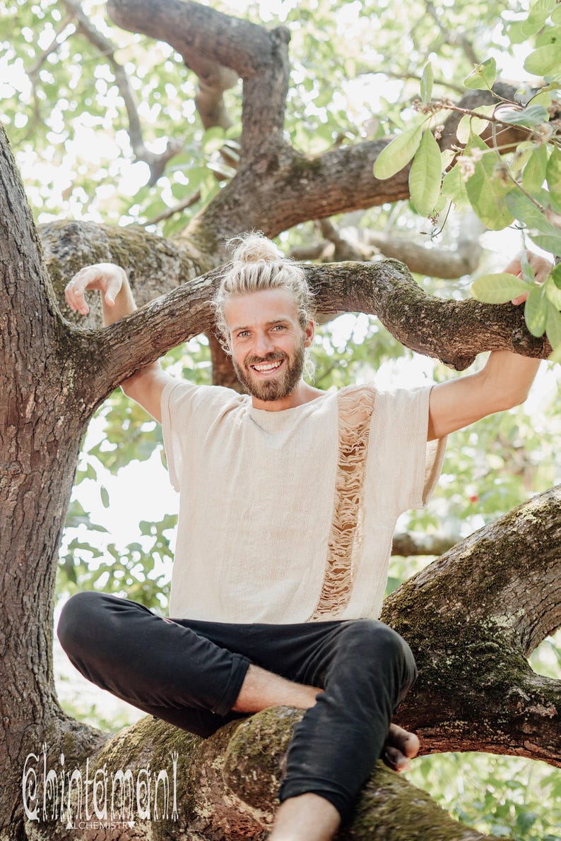 Beige Cotton Tshirt ∆ Boho Clothing Men Tee Shirt ∆ Hippie Gypsy Clothing ∆ Burning Man Ibiza Short Sleeve Tunic ∆ Organic Nomad Man image 6