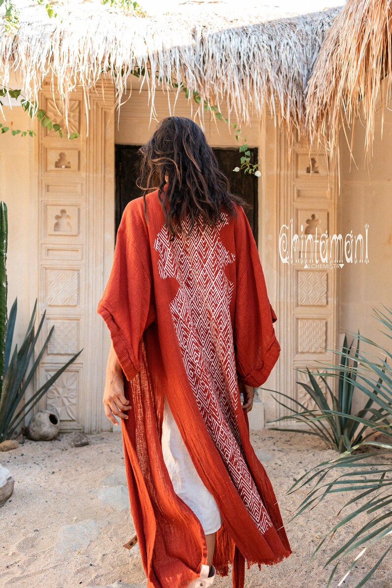 Bata kimono de algodón crudo ∆ Chaqueta cruzada tipo cárdigan bohemio ∆ Vestido maxi bohemio ∆ Top gitano de estilo tribal ∆ Vestido playero Miami Long Beach / Ocre rojo imagen 5