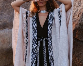 Boho Poncho Kimono Jacket ∆ Burning Outfit Festival Clothing ∆ Women Cardigan Robe ∆ Hippie Clothes Ceremony Desert Cover Up Coat/ Off White