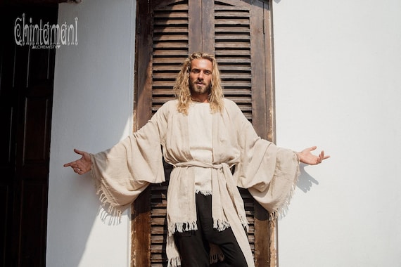 Beige Cotton Kimono Robe ∆ Mens Boho Clothing ∆ Hippie Man Kimono Cardigan ∆ Asymmetric Tunic ∆ Jedi Robe ∆ Boho Festival Cyberpunk Outfit