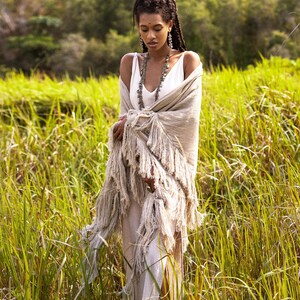 Boho Shawl ∆ Fringe Bohemian Scarf Women ∆ Hippie Boho Clothing Organic Shawl ∆ Eco Earthy Gypsy Triangle Cotton Scarf Wrap Cover Up / Sage image 7