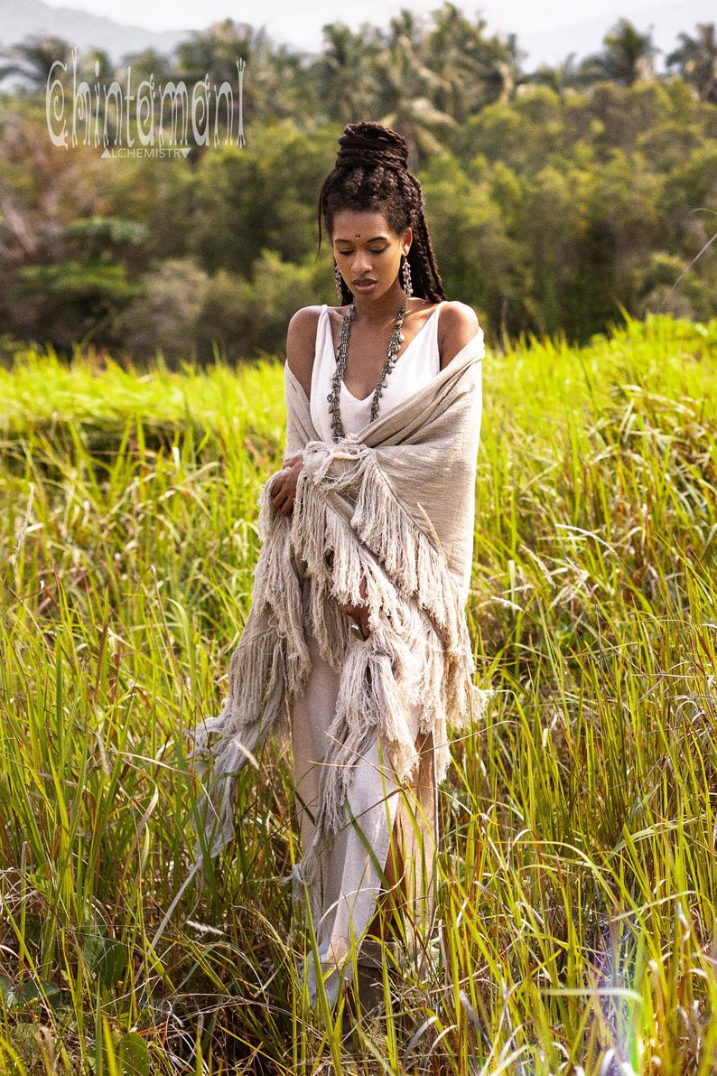 Boho Shawl ∆ Fringe Bohemian Scarf Women ∆ Hippie Boho Clothing Organic Shawl ∆ Eco Earthy Gypsy Triangle Cotton Scarf Wrap Cover Up / Sage image 7
