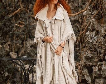 Boho Festival Poncho Kimono ∆ Burning Man Clothing Women Kimono Jacket ∆ Oversized Boho Cardigan Robe ∆ Festival Outfit Clothes / Off White