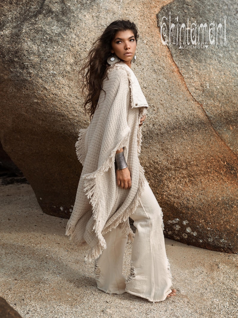 Festivalponcho ∆ Dam Boho Kofta Jacka ∆ Rå Bomull Boho Morgonrock ∆ Vidärmad Överdimensionerad Kimono Omlotttopp ∆ Nomadkläder Outfit bild 6