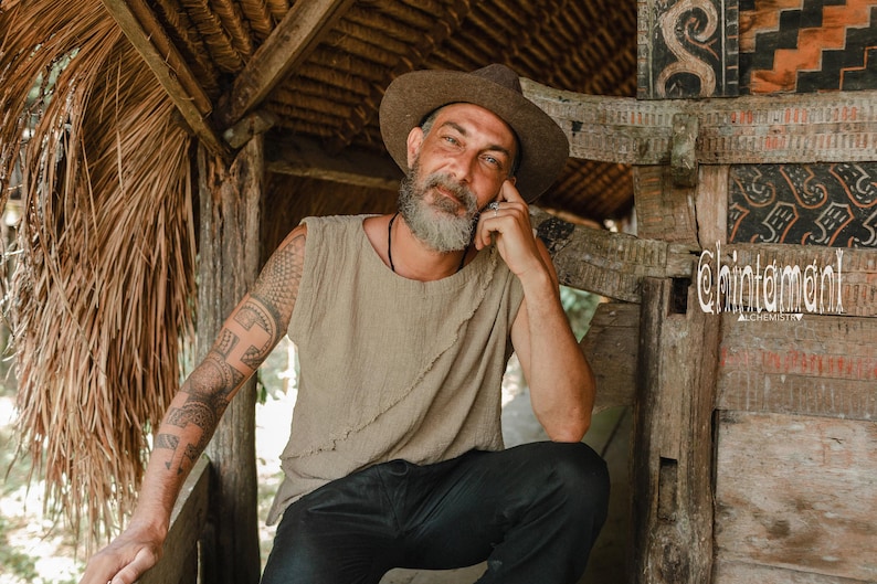 Mens Boho Tank Top ∆ Raw Cotton Hippie Shirt Boho Clothing Men ∆ Goa Gypsy Nomad Tribal Organic Clothes ∆ Vegan Sleeveless Tshirt / Sage image 7