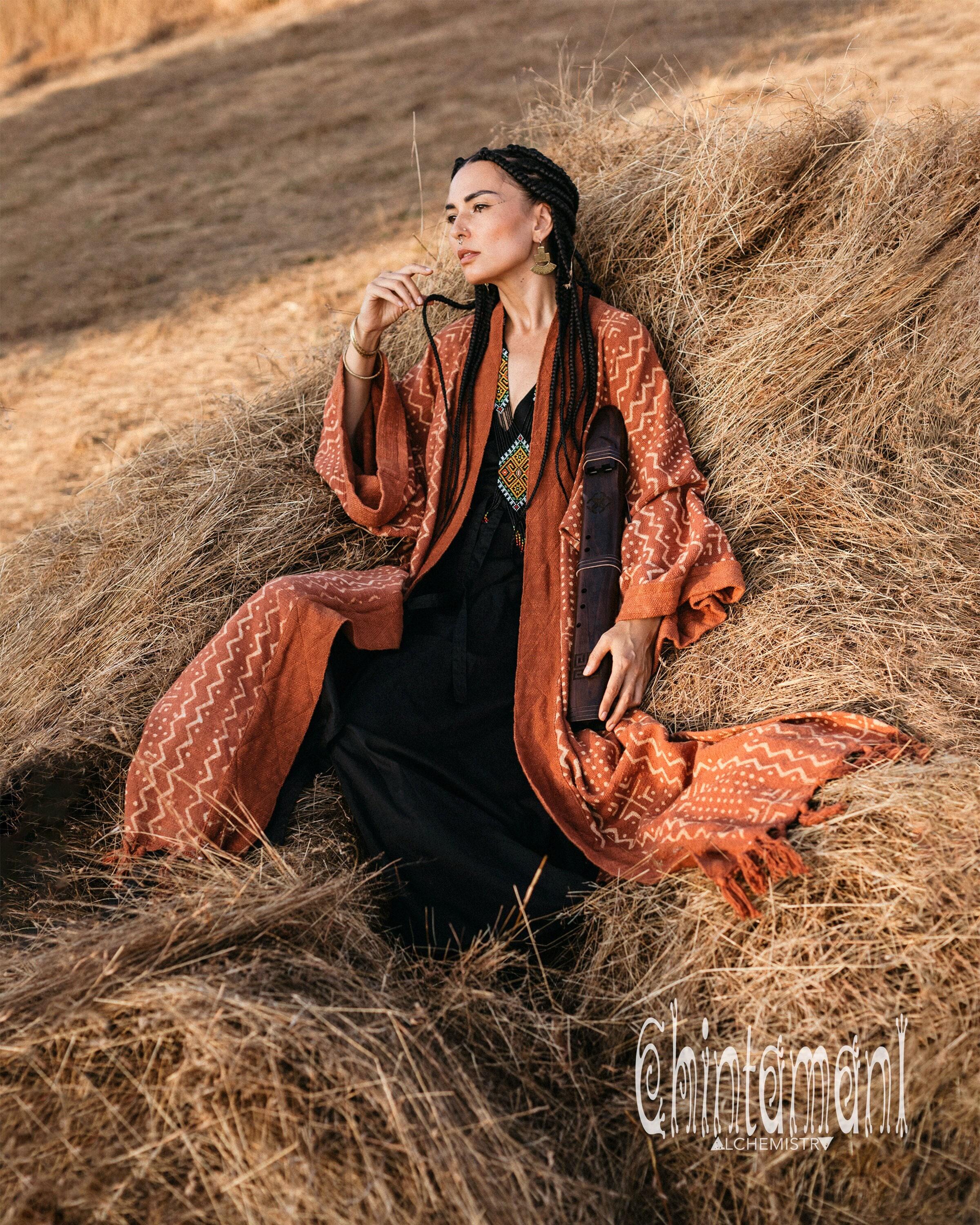Long Boho Kimono Robe ∆ Raw Cotton Japanese Kimono Cardigan ∆ Goddess Kaftan Dress ∆ Spring Wrap Jacket ∆ Festival Clothes Women Coat/ Rusty