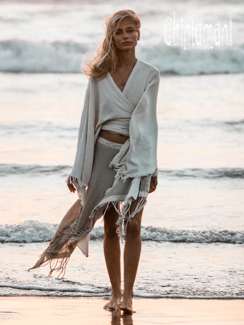 Top estilo boho cruzado para mujer ∆ Ropa boho, top kimono ∆ Ropa orgánica ∆ Top corto de manga ancha ∆ Ropa boho estilo hippie gitano / Blanco roto imagen 18