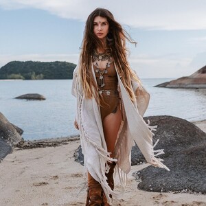 Women Poncho Boho Kimono Robe ∆ Burning Festival Clothes Desert Man Cardigan ∆ Ceremony Bohemian Clothing Blanket Fringe Robe / Off White image 6
