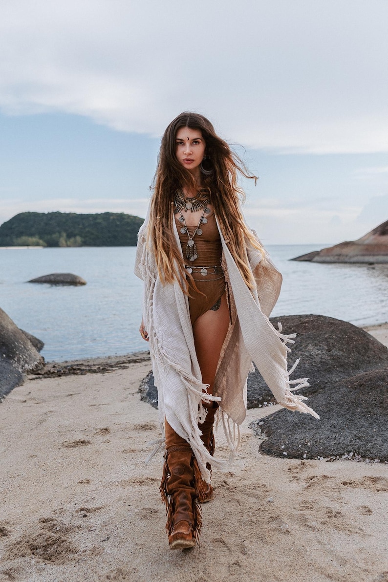 Women Poncho Boho Kimono Robe ∆ Burning Festival Clothes Desert Man Cardigan ∆ Ceremony Bohemian Clothing Blanket Fringe Robe / Off White image 6