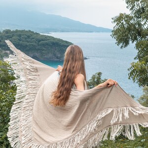 Boho Shawl ∆ Fringe Bohemian Scarf Women ∆ Hippie Boho Clothing Organic Shawl ∆ Eco Earthy Gypsy Triangle Cotton Scarf Wrap Cover Up / Sage image 12