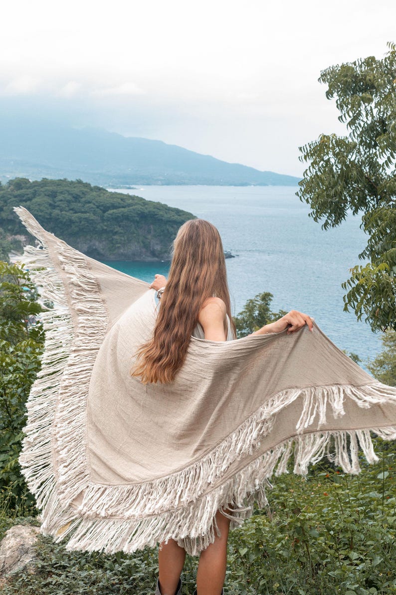 Boho Shawl ∆ Fringe Bohemian Scarf Women ∆ Hippie Boho Clothing Organic Shawl ∆ Eco Earthy Gypsy Triangle Cotton Scarf Wrap Cover Up / Sage image 12