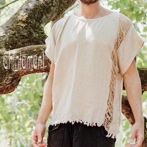 Beige Cotton Tshirt ∆ Boho Clothing Men Tee Shirt ∆ Hippie Gypsy Clothing ∆ Burning Man Ibiza Short Sleeve Tunic ∆ Organic Nomad Man image 2