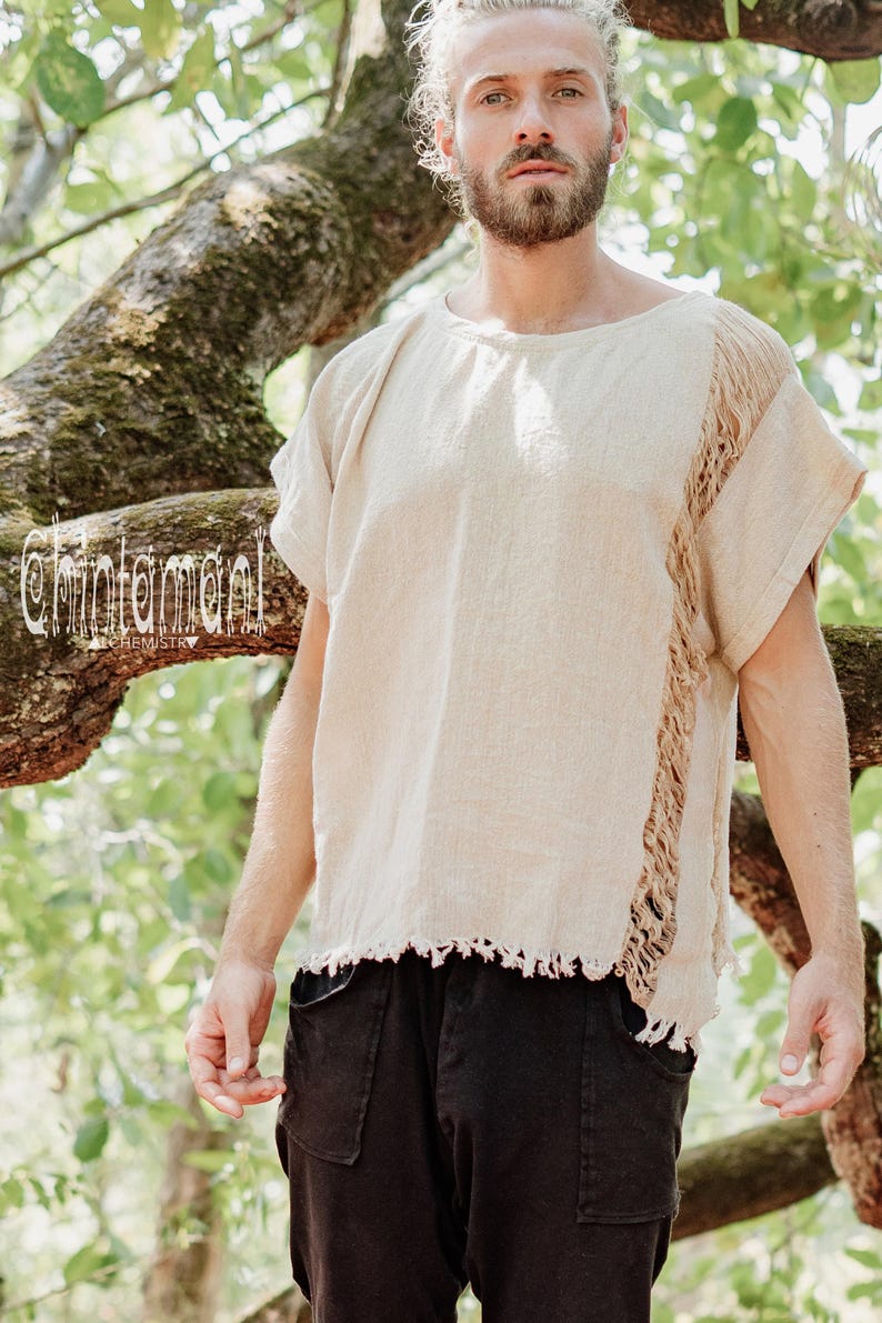Beige Cotton Tshirt ∆ Boho Clothing Men Tee Shirt ∆ Hippie Gypsy Clothing ∆ Burning Man Ibiza Short Sleeve Tunic ∆ Organic Nomad Man image 2