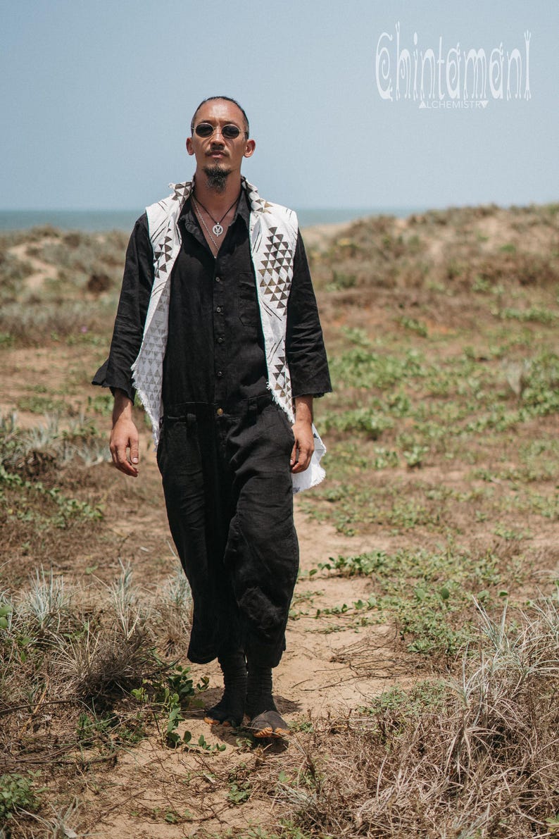 Burner Boho Väst ∆ Herr Ärmlös Jacka ∆ Festivalkläder Tunika Tribal Herrkläder ∆ Goa Tulum Outfit ∆ Hög Låg Långärmad Linne bild 7