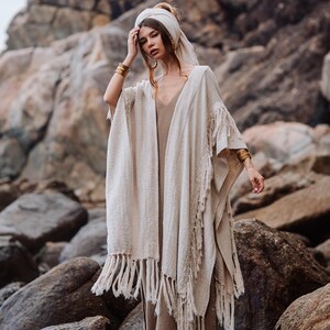 Women Poncho Boho Kimono Robe ∆ Burning Festival Clothes Desert Man Cardigan ∆ Ceremony Bohemian Clothing Blanket Fringe Robe / Off White image 13