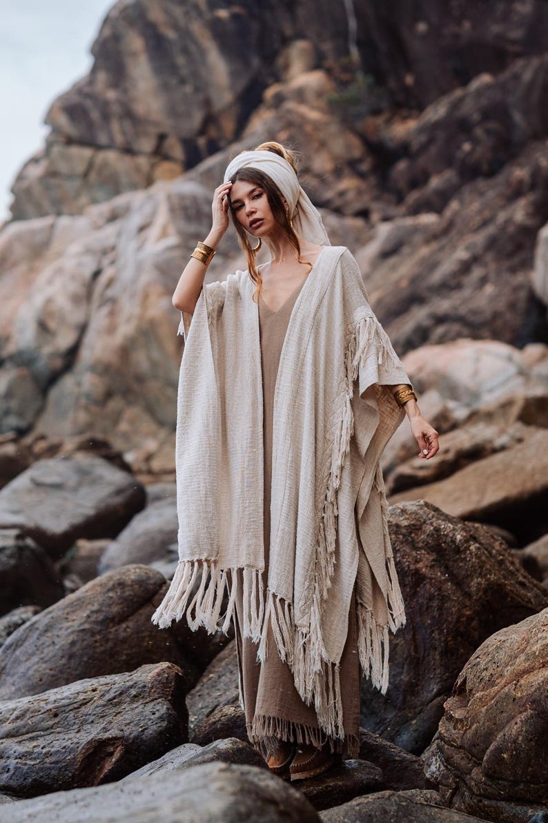 Women Poncho Boho Kimono Robe ∆ Burning Festival Clothes Desert Man Cardigan ∆ Ceremony Bohemian Clothing Blanket Fringe Robe / Off White image 13
