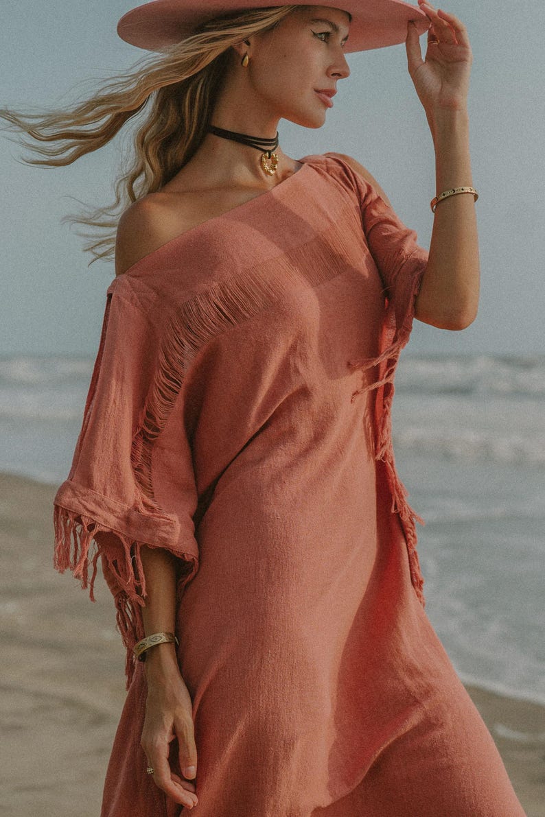 Rosa Gudinna Poncho Klänning ∆ Boho Festivalkläder Sommartunika Strandklänning ∆ Loungeklänning ∆ Hållbar Plus Size Klänning / Rosa bild 12