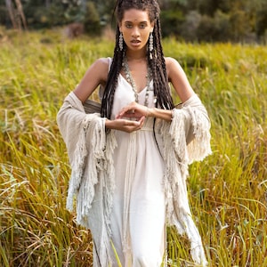 Boho Shawl ∆ Fringe Bohemian Scarf Women ∆ Hippie Boho Clothing Organic Shawl ∆ Eco Earthy Gypsy Triangle Cotton Scarf Wrap Cover Up / Sage image 5