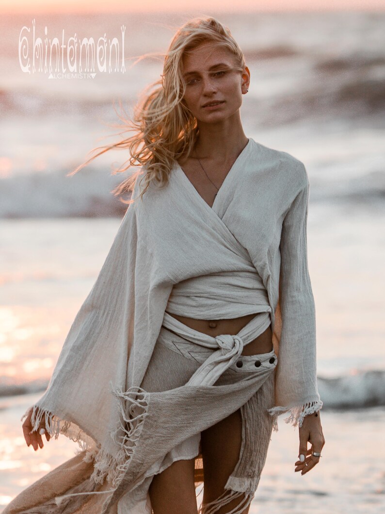 Top estilo boho cruzado para mujer ∆ Ropa boho, top kimono ∆ Ropa orgánica ∆ Top corto de manga ancha ∆ Ropa boho estilo hippie gitano / Blanco roto imagen 17
