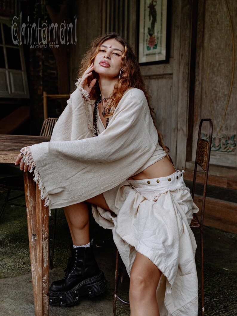 Top estilo boho cruzado para mujer ∆ Ropa boho, top kimono ∆ Ropa orgánica ∆ Top corto de manga ancha ∆ Ropa boho estilo hippie gitano / Blanco roto imagen 10