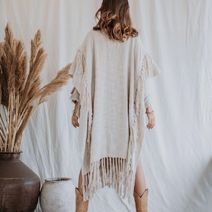 Women Poncho Boho Kimono Robe ∆ Burning Festival Clothes Desert Man Cardigan ∆ Ceremony Bohemian Clothing Blanket Fringe Robe / Off White image 11