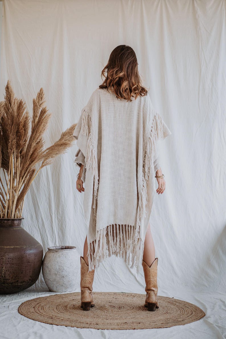 Women Poncho Boho Kimono Robe ∆ Burning Festival Clothes Desert Man Cardigan ∆ Ceremony Bohemian Clothing Blanket Fringe Robe / Off White image 11