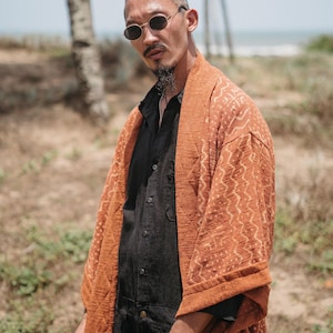 Mens Boho Kimono Cardigan ∆ Raw Cotton Festival Kimono Robe ∆ Desert Man Clothing Spring Kaftan Wrap Jacket ∆ Nomad Bedouin Outfit / Rusty image 2