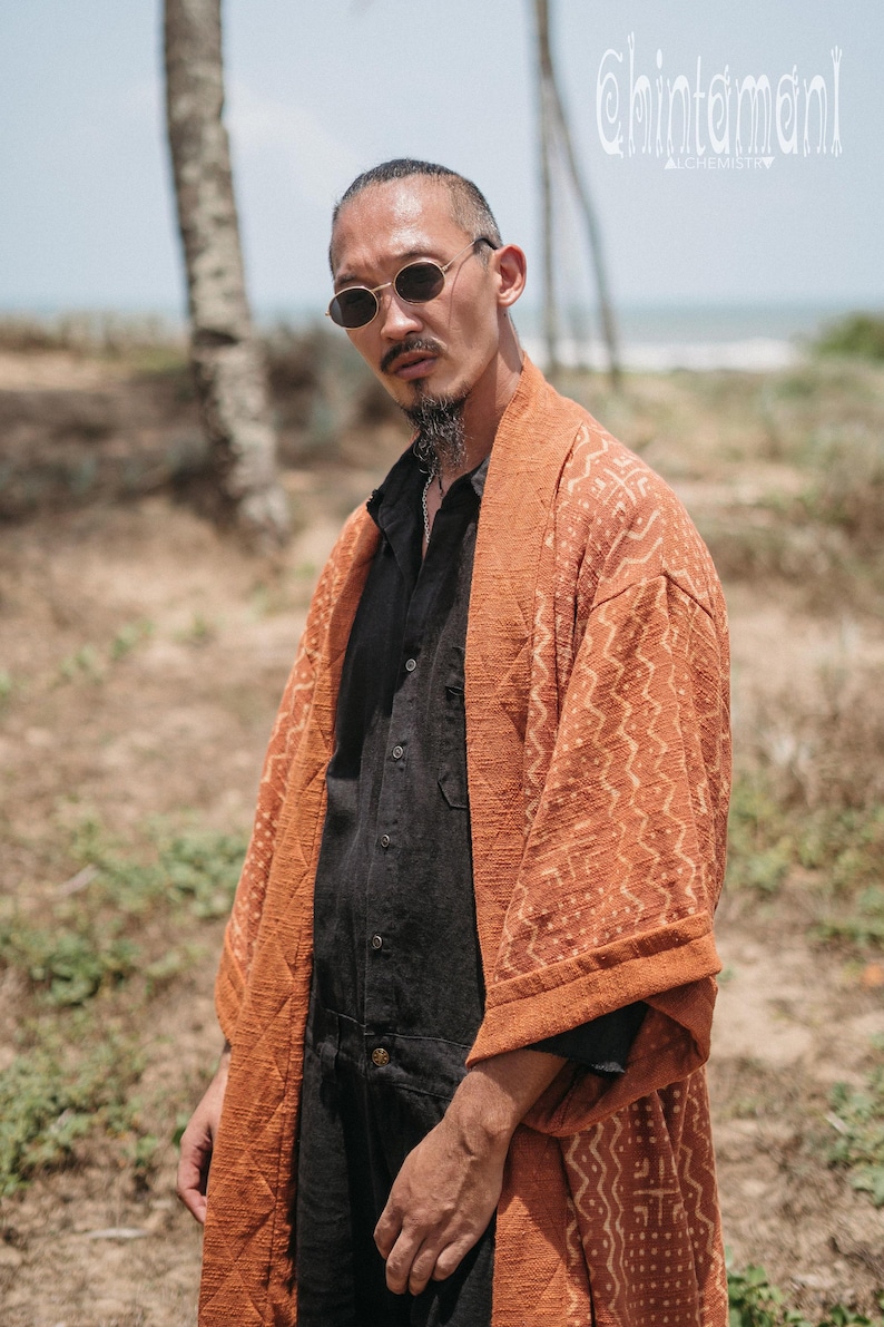 Mens Boho Kimono Cardigan ∆ Raw Cotton Festival Kimono Robe ∆ Desert Man Clothing Spring Kaftan Wrap Jacket ∆ Nomad Bedouin Outfit / Rusty image 2