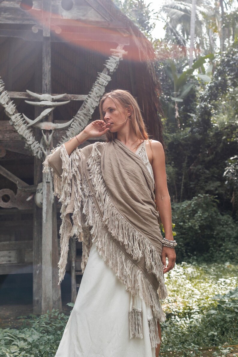 Boho Shawl ∆ Fringe Bohemian Scarf Women ∆ Hippie Boho Clothing Organic Shawl ∆ Eco Earthy Gypsy Triangle Cotton Scarf Wrap Cover Up / Sage image 17