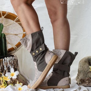 Botas veganas boho para mujer ∆ Zapatos hippies de lona de algodón ∆ Botas altas para festivales ∆ Botas tribales del desierto indio Shipibo / Unisex / 2 colores imagen 9