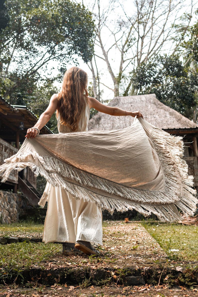 Boho Shawl ∆ Fringe Bohemian Scarf Women ∆ Hippie Boho Clothing Organic Shawl ∆ Eco Earthy Gypsy Triangle Cotton Scarf Wrap Cover Up / Sage image 13