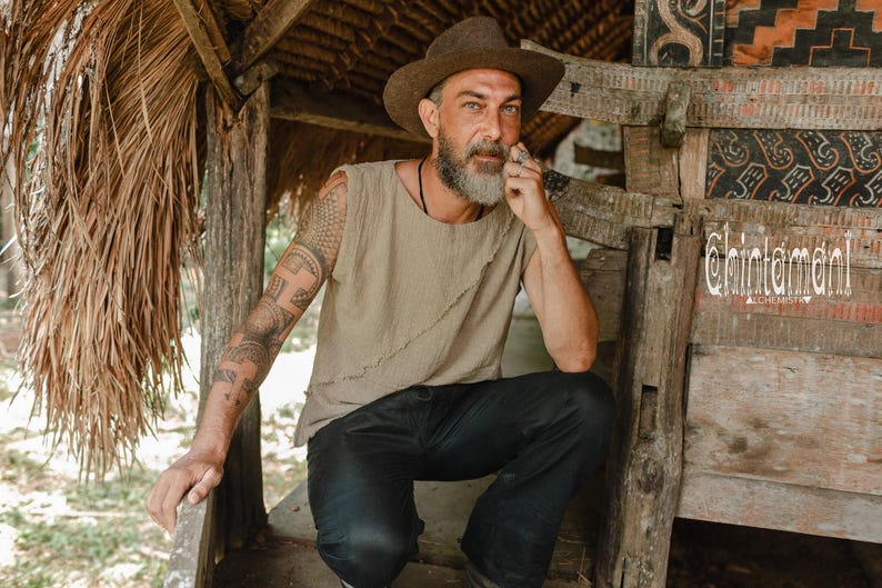 Mens Boho Tank Top ∆ Raw Cotton Hippie Shirt Boho Clothing Men ∆ Goa Gypsy Nomad Tribal Organic Clothes ∆ Vegan Sleeveless Tshirt / Sage image 8