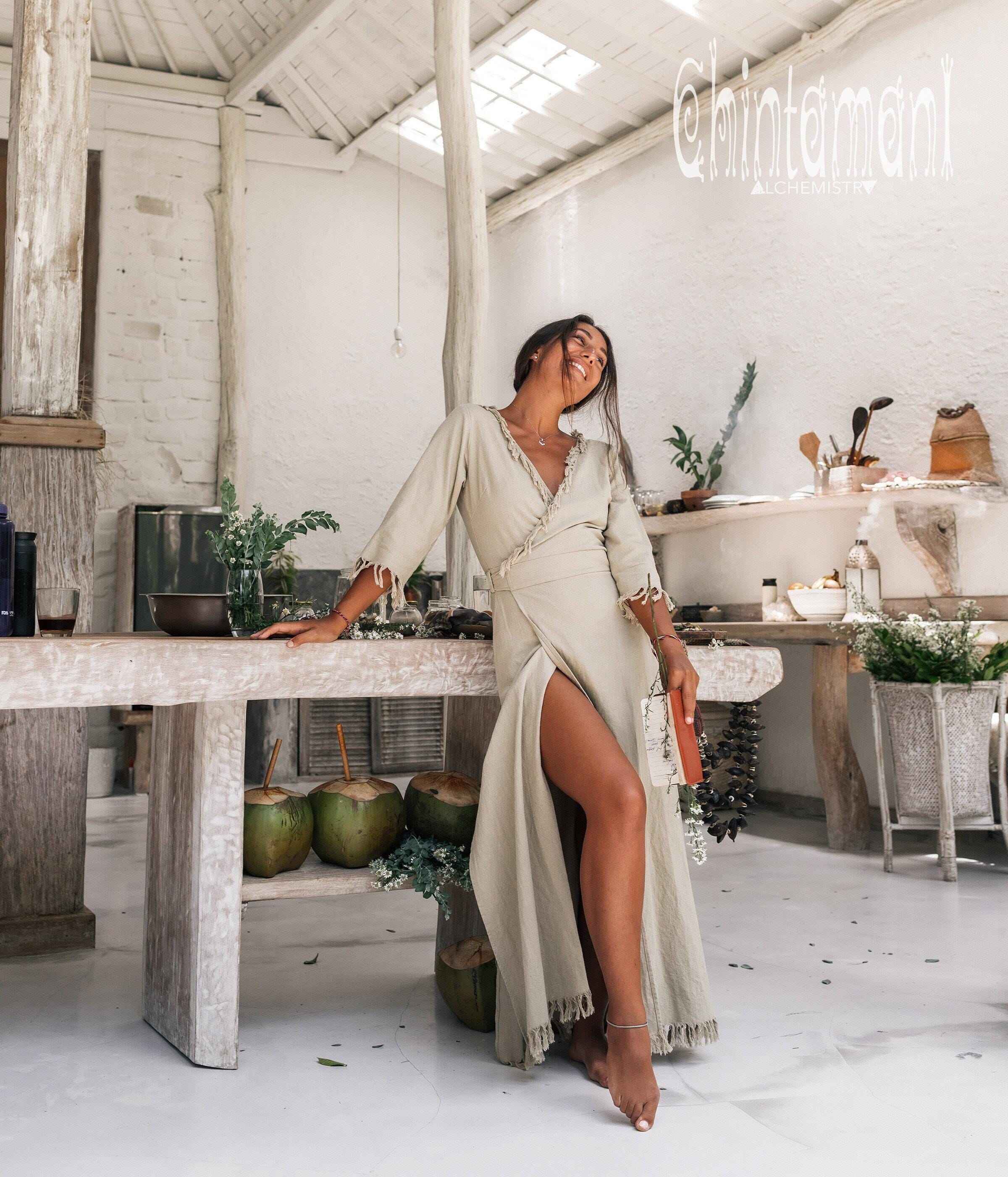Long Boho Wrap Dress Women ∆ Boho Clothing Maxi Dress ∆ Organic Bohemian Dress ∆ Fringe Robe Cotton Dress Gown ∆ Summer Goddess Dress / Sage