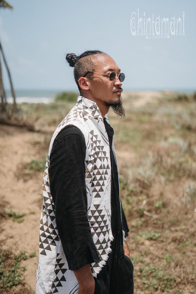 Burner Boho Väst ∆ Herr Ärmlös Jacka ∆ Festivalkläder Tunika Tribal Herrkläder ∆ Goa Tulum Outfit ∆ Hög Låg Långärmad Linne bild 2