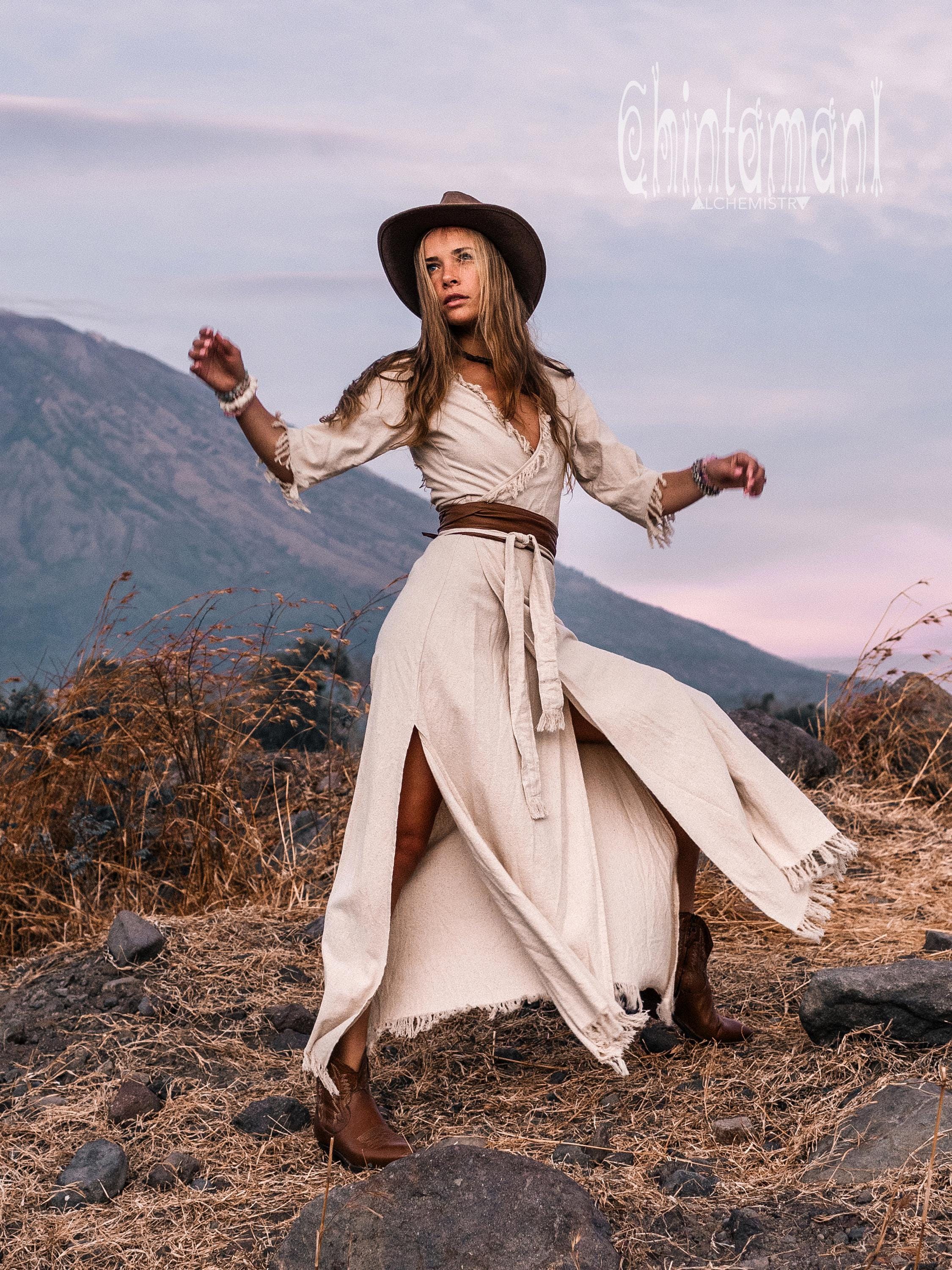 boho dress 3 4 sleeve Wrap Women ∆ White Maxi Dress 3/4 ∆ Organic Clothing Wedding Western Dress ∆ Long Fringe Raw Cotton Dress modern bohemian style