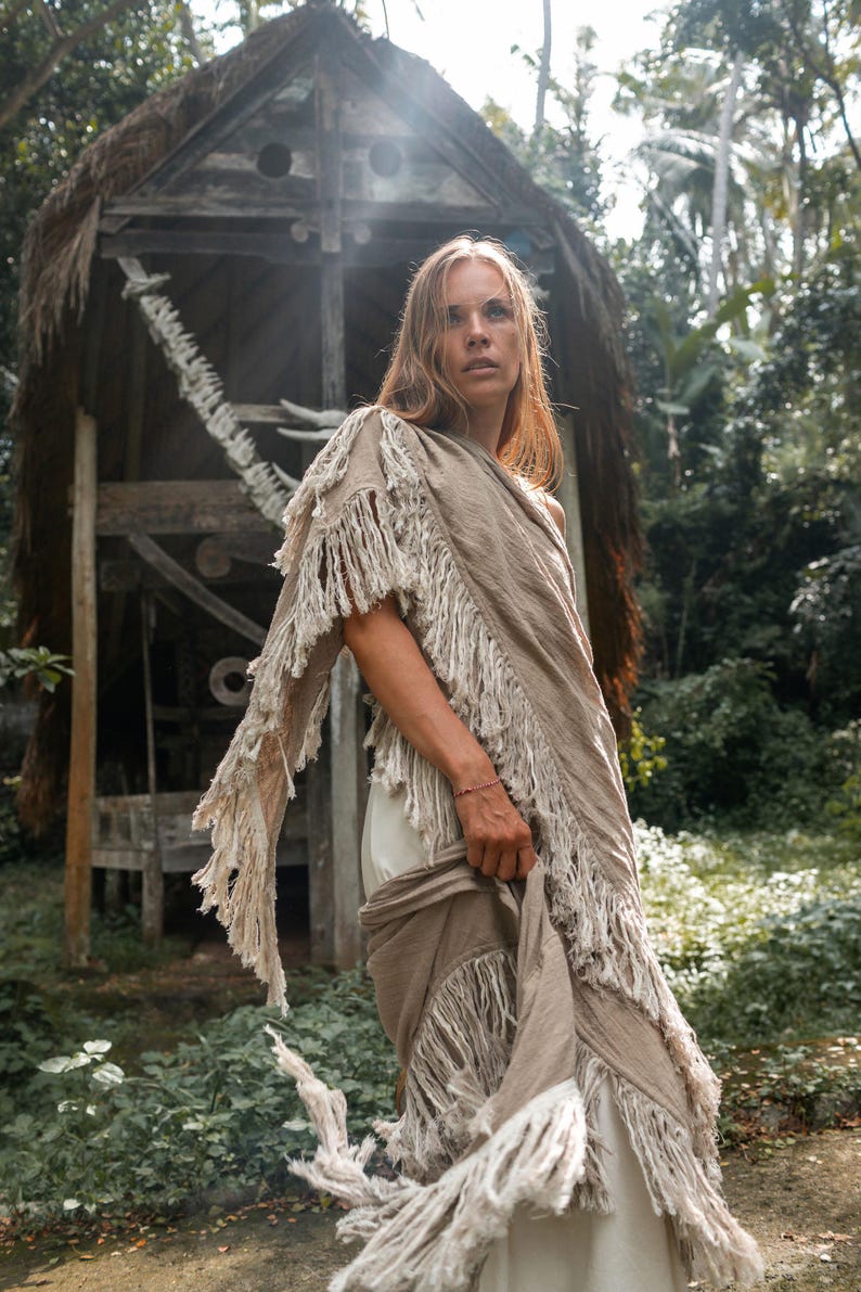 Boho Shawl ∆ Fringe Bohemian Scarf Women ∆ Hippie Boho Clothing Organic Shawl ∆ Eco Earthy Gypsy Triangle Cotton Scarf Wrap Cover Up / Sage image 20
