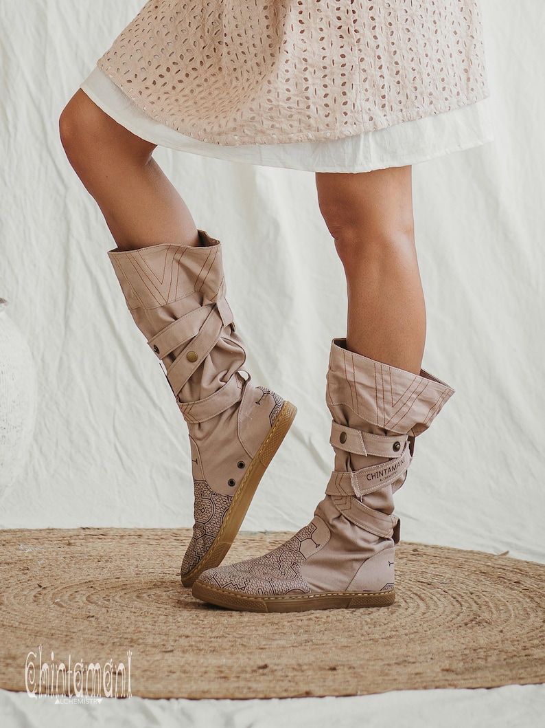 Beige Vegan Shoes ∆ Canvas High Boots Women ∆ Tribal Wrap Shoes ∆ Playa Outfit Man Cotton Boho Boots ∆ Goa Ibiza Gypsy Style image 1