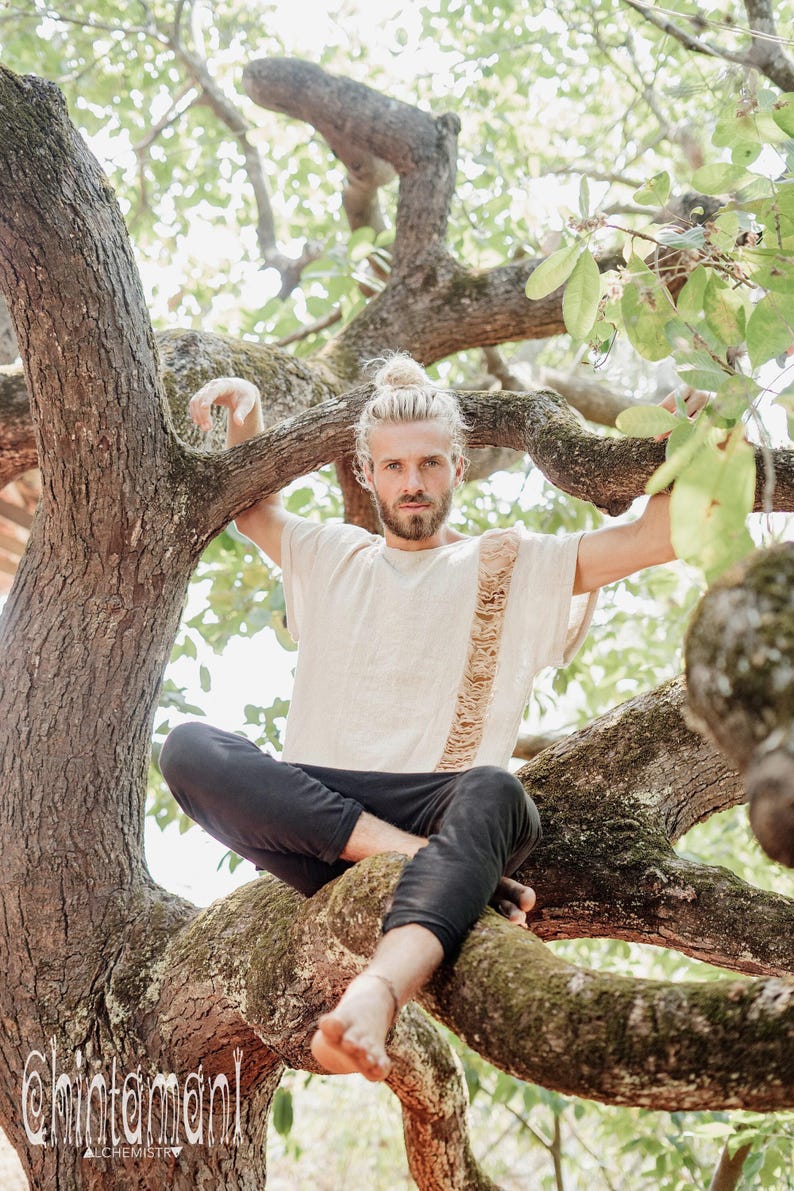 Beige Cotton Tshirt ∆ Boho Clothing Men Tee Shirt ∆ Hippie Gypsy Clothing ∆ Burning Man Ibiza Short Sleeve Tunic ∆ Organic Nomad Man image 8