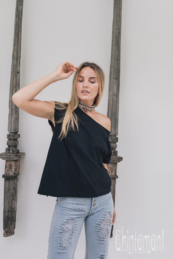 Black Boho Tshirt from Organic Cotton for Women ∆ Loose Off Shoulder Crop Top ∆ Asymmetric Eco Friendly Tee Shirt