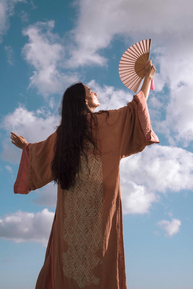 Pink Boho Kimono Cardigan for Women ∆ Bohemian Robe Tribal Ibiza Wrap Cape ∆ Raw Cotton Cover Up Gown by Chintamani Alchemy / Dusty Rose image 12